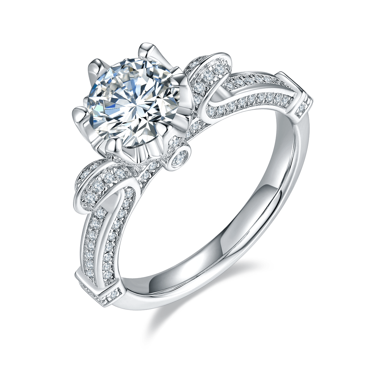 Swan Lake Moissanite Ring | 1ct DEW Round Center | Micro Pave Scroll Shoulders