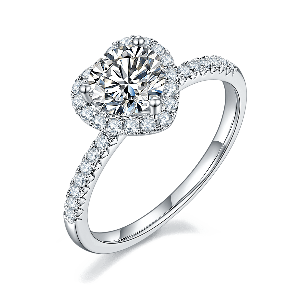 Moissanite Heart Halo Ring | 1ct DEW Round Center | Pave Heart Surround in 925 Silver