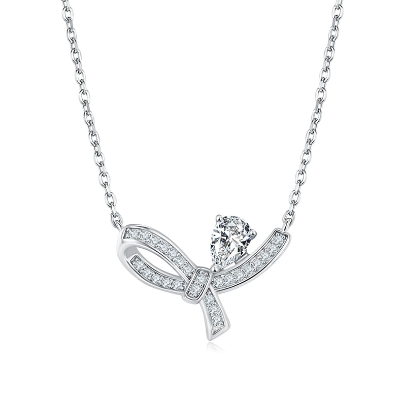 Pavé Ribbon Bow Moissanite Necklace – Pear-Cut Center