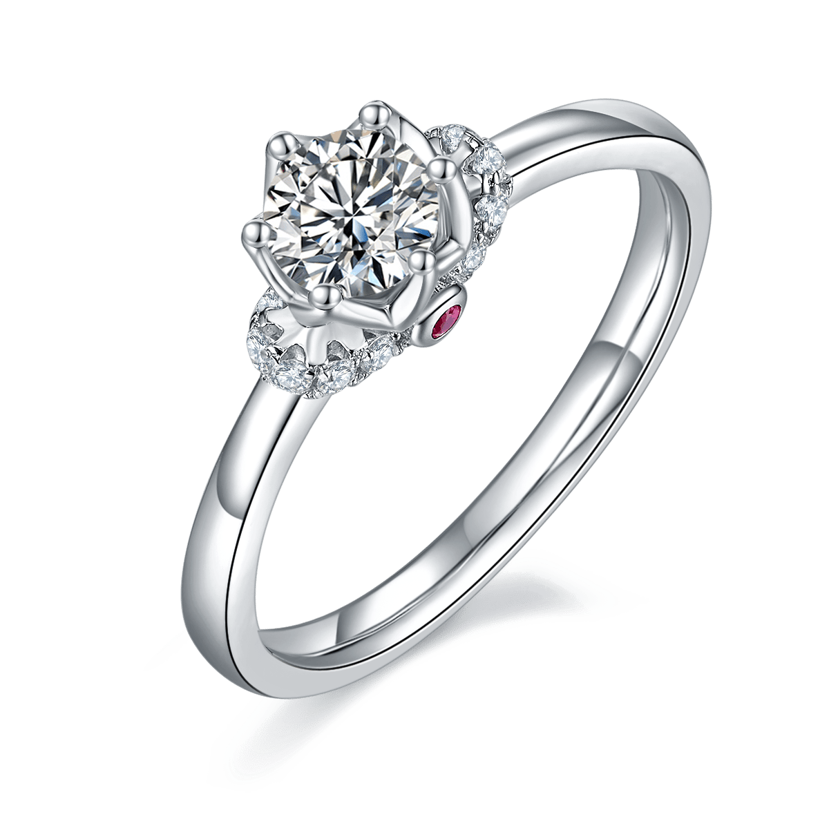 Crowned Round Moissanite Solitaire Ring with Pave Accents