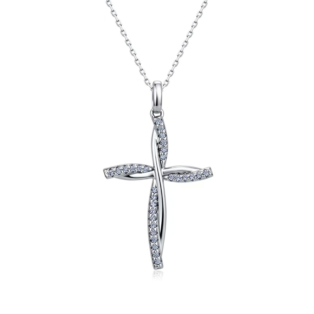 Twisted-Ribbon Cross Moissanite Pendant Necklace | 925 Silver White Gold