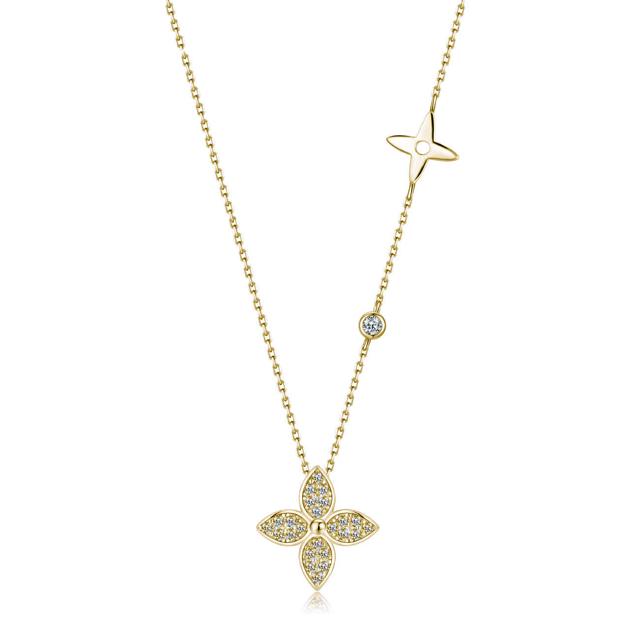 Four-Petal Flower Pavé Moissanite Necklace | 925 Silver, 18K Gold Plated