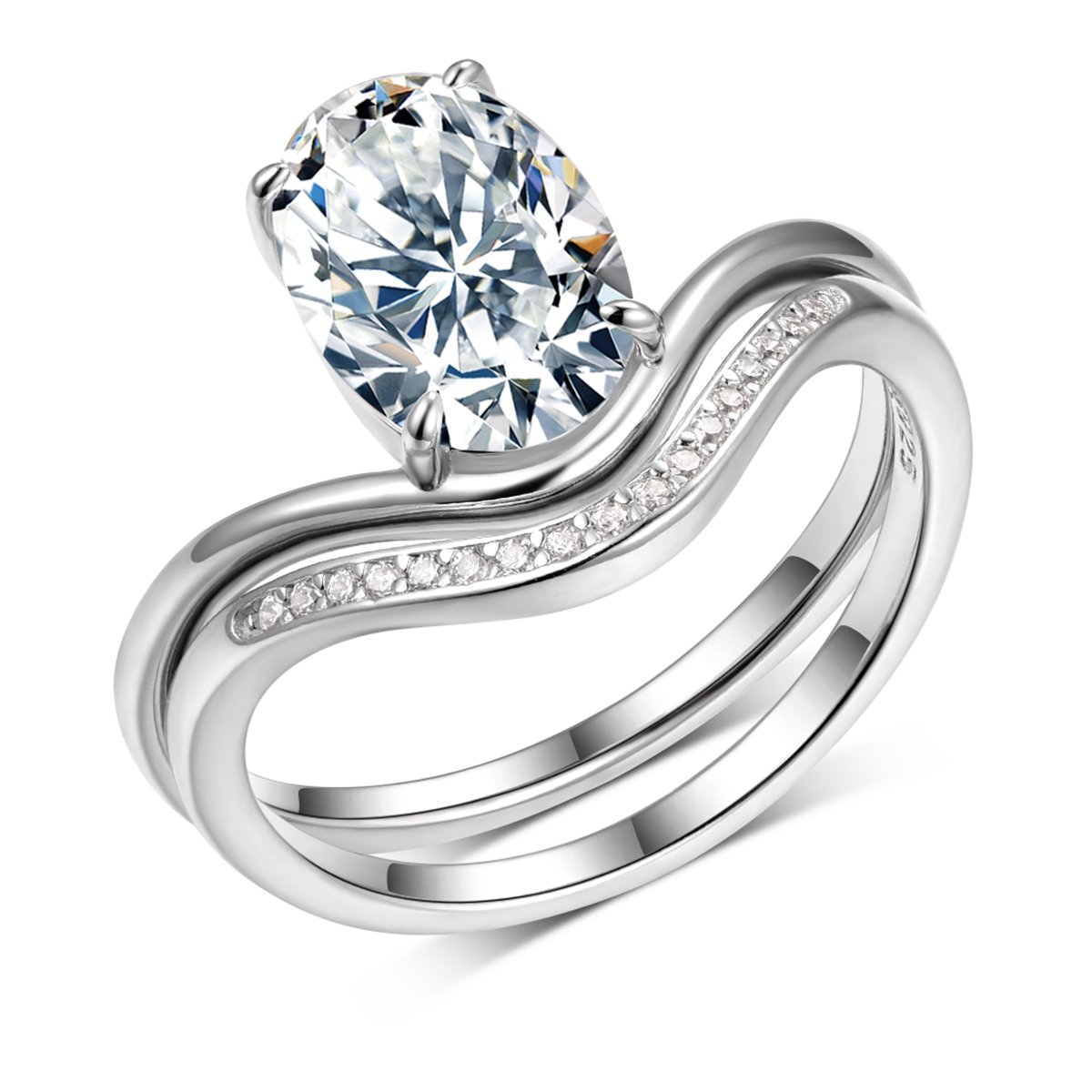 Oval Moissanite Bypass Engagement Ring & Contour Band Bridal Set