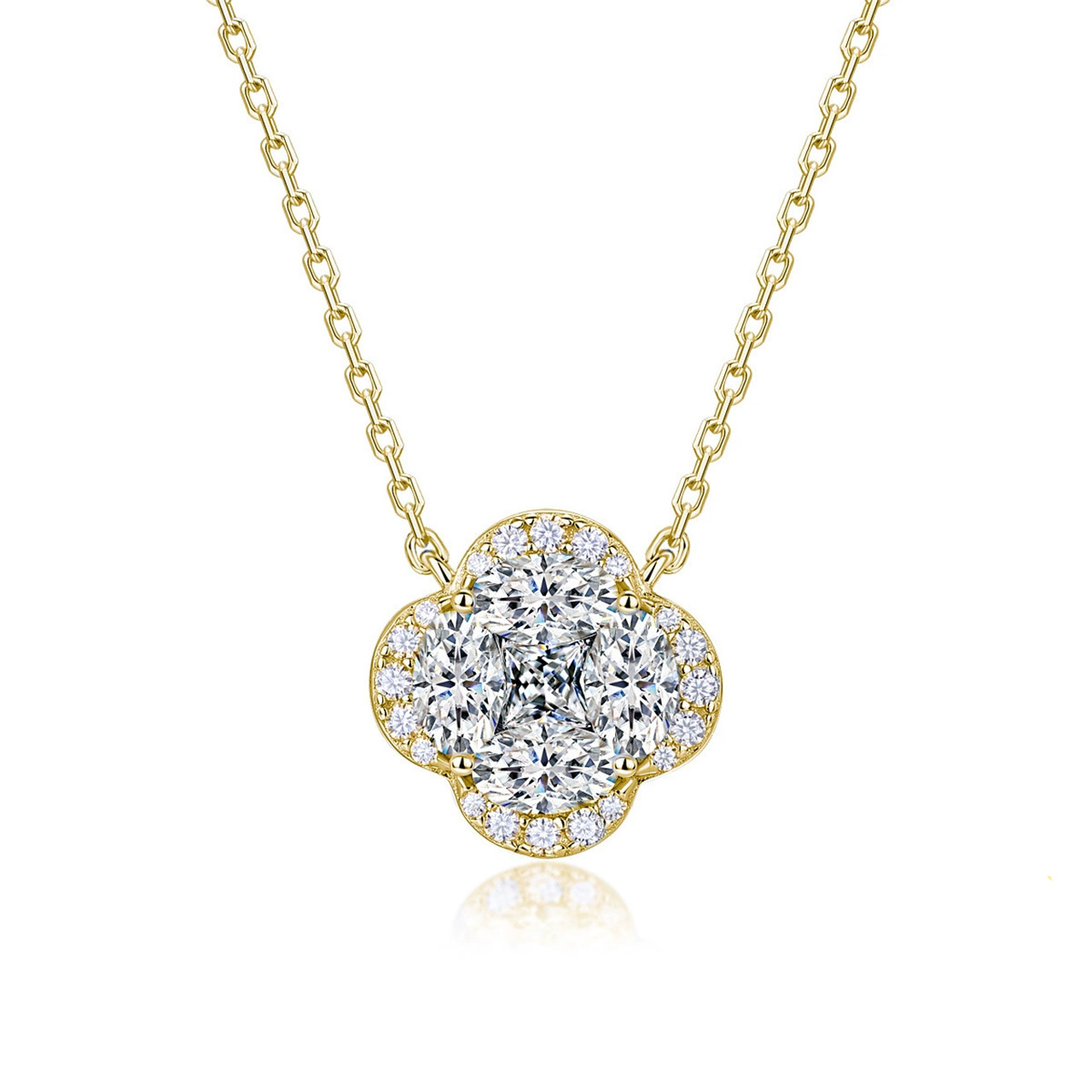 Moissanite Four-Leaf Clover Halo Cluster Pendant Necklace