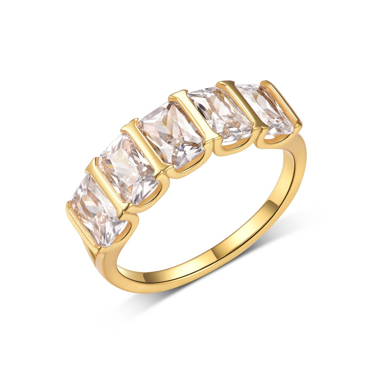 Radiant-Cut Moissanite Five-Stone Band Ring | ~4ct DEW | 18K Gold Vermeil