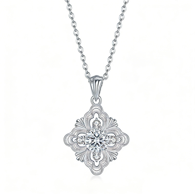 Moissanite Vintage Quatrefoil Flower Necklace | Filigree Pendant