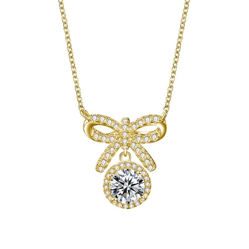 Moissanite Bow Halo Drop Necklace | Pavé Ribbon Pendant in 925 Silver