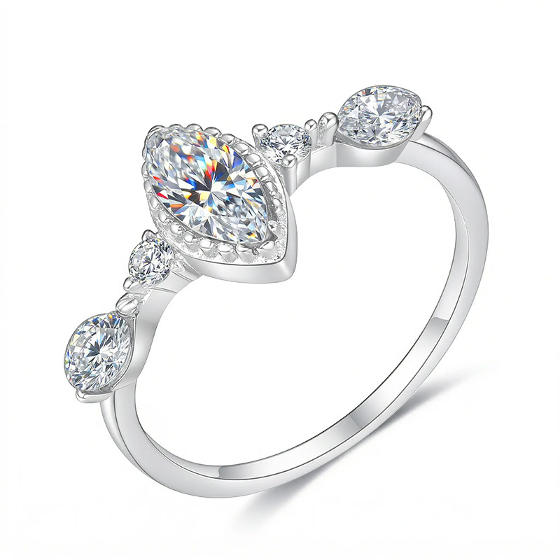 Marquise Moissanite Milgrain Five-Stone Ring | Vintage Bezel Band