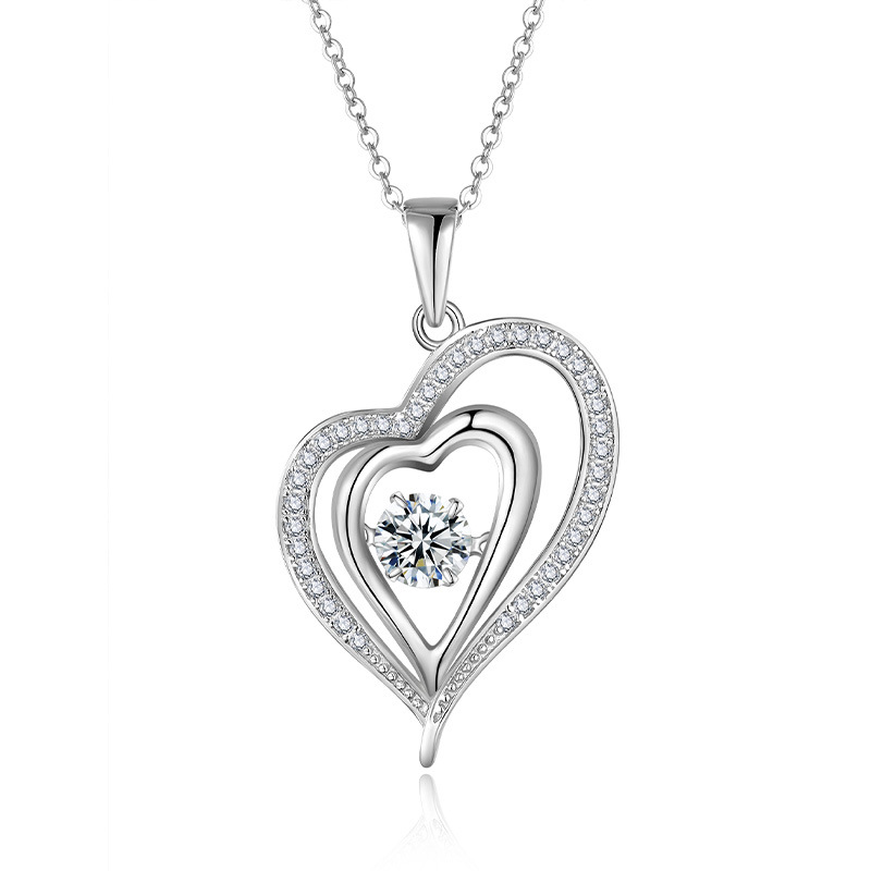 Double-Heart Moissanite Dancing-Stone Necklace | Round DEF Pendant in 925 Silver
