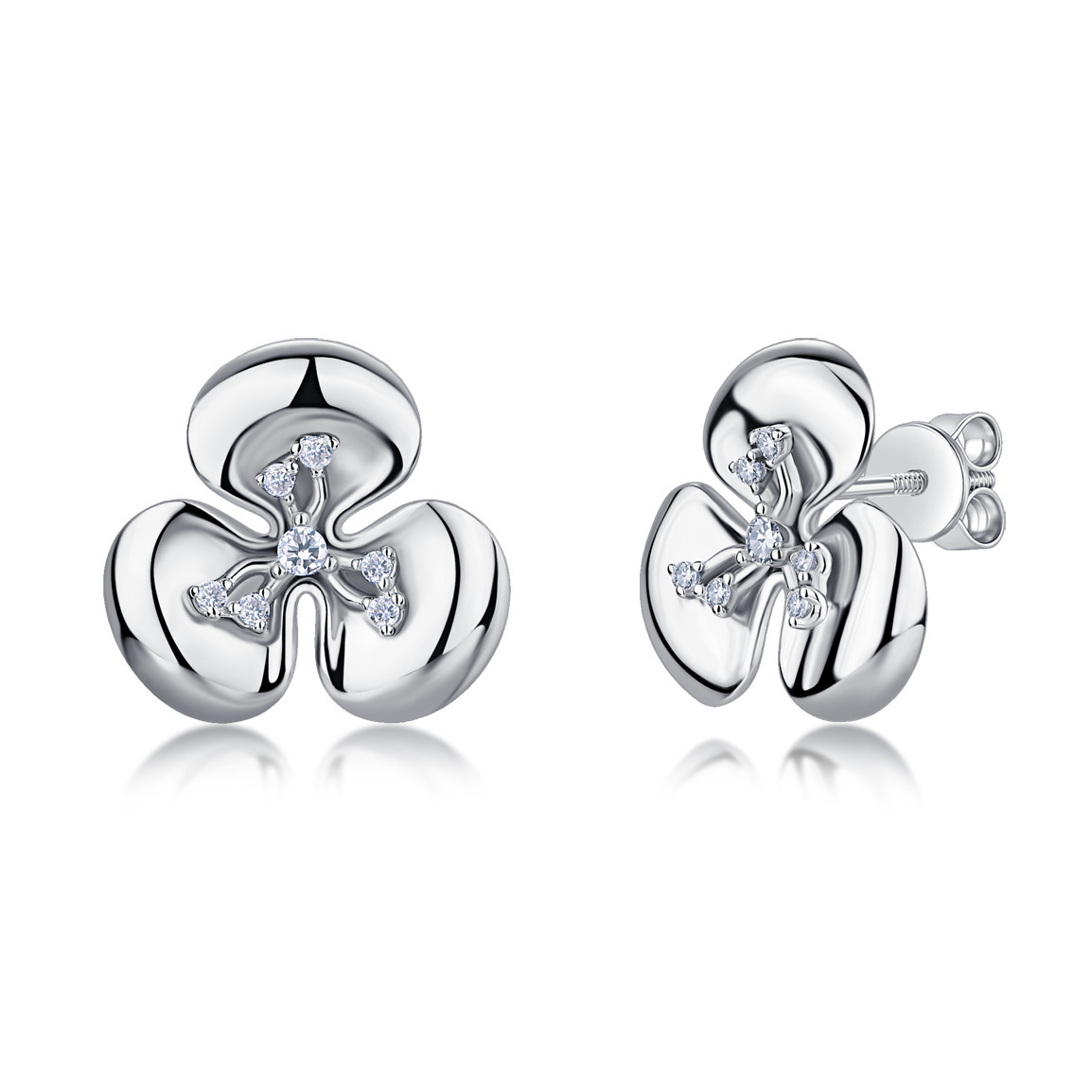 Three-Petal Flower Moissanite Stud Earrings – 0.08ct DEW Each