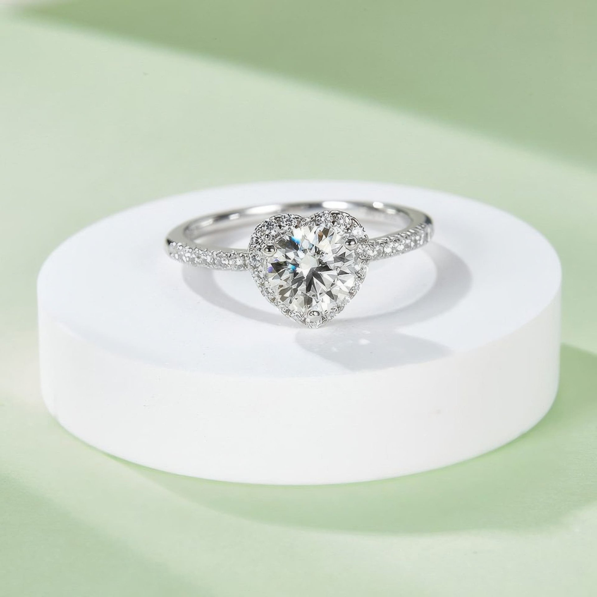 Moissanite Heart Halo Ring | 1ct DEW Round Center | Pave Heart Surround in 925 Silver - Image 4