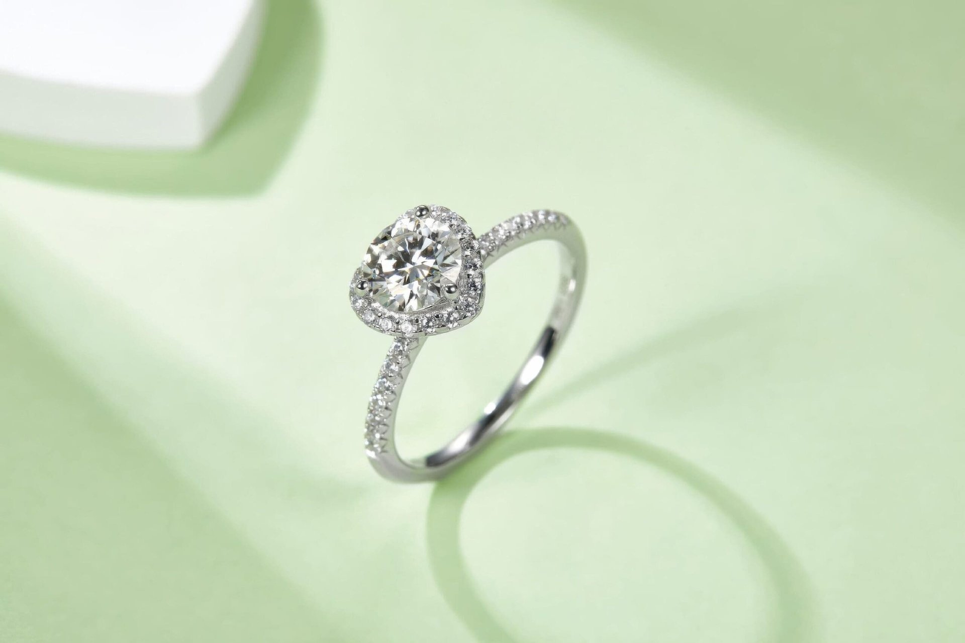 Moissanite Heart Halo Ring | 1ct DEW Round Center | Pave Heart Surround in 925 Silver - Image 6