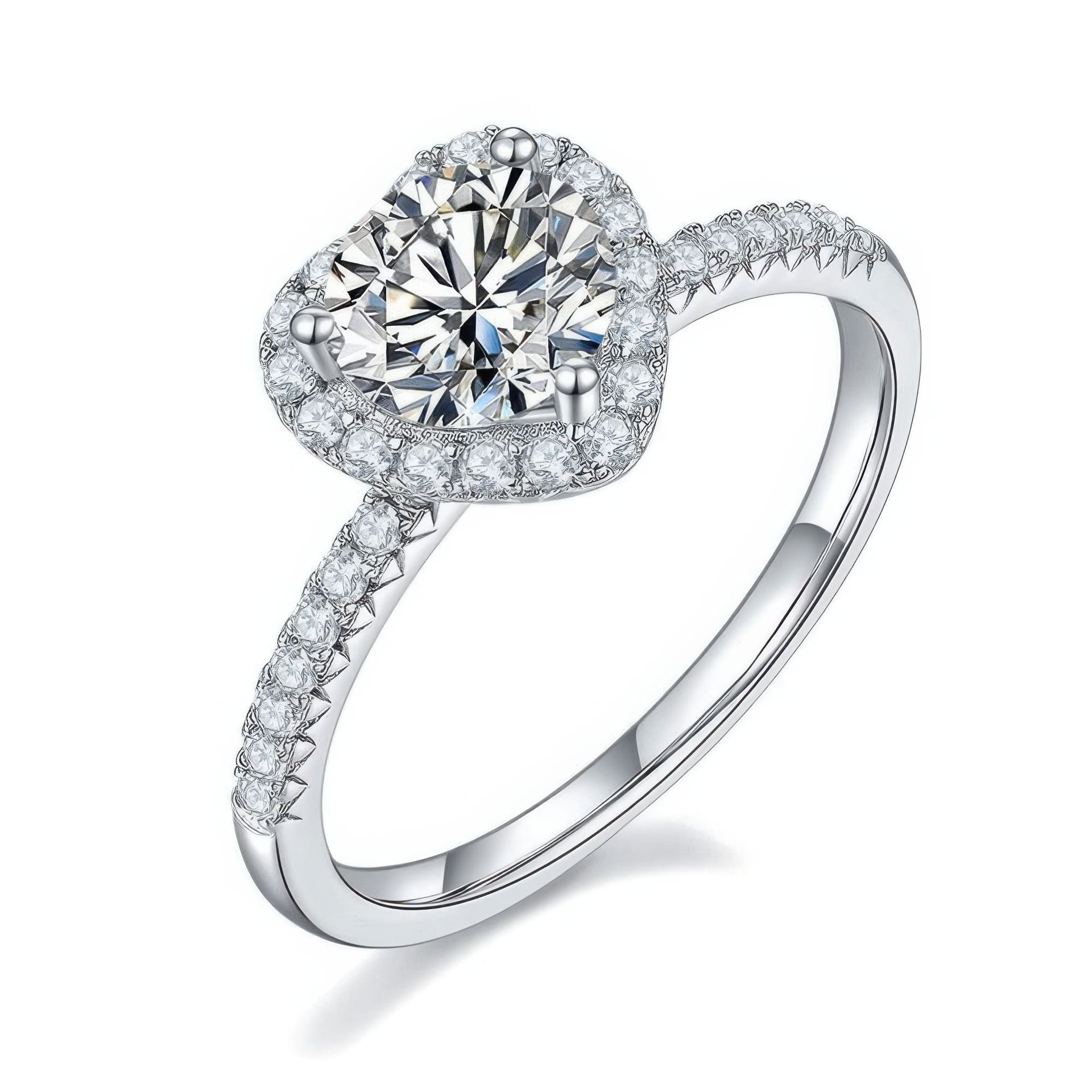 Moissanite Heart Halo Ring | 1ct DEW Round Center | Pave Heart Surround in 925 Silver