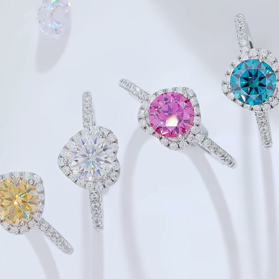 Moissanite Heart Halo Ring | 1ct DEW Round Center | Pave Heart Surround in 925 Silver product video thumbnail