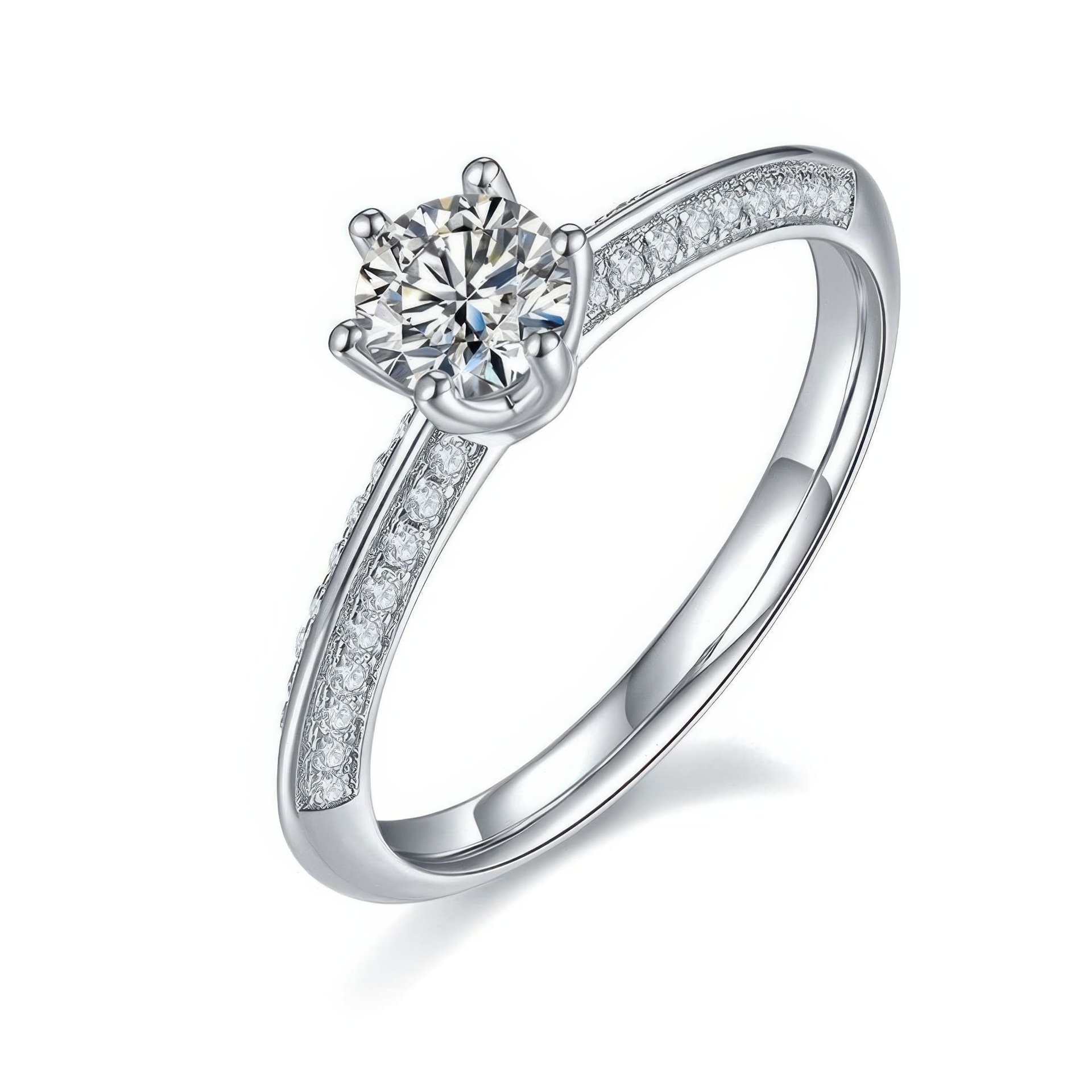 0.5ct Round Solitaire Moissanite Engagement Ring (5mm DEW) | 6-Prong Pavé Band | 925 Sterling Silver