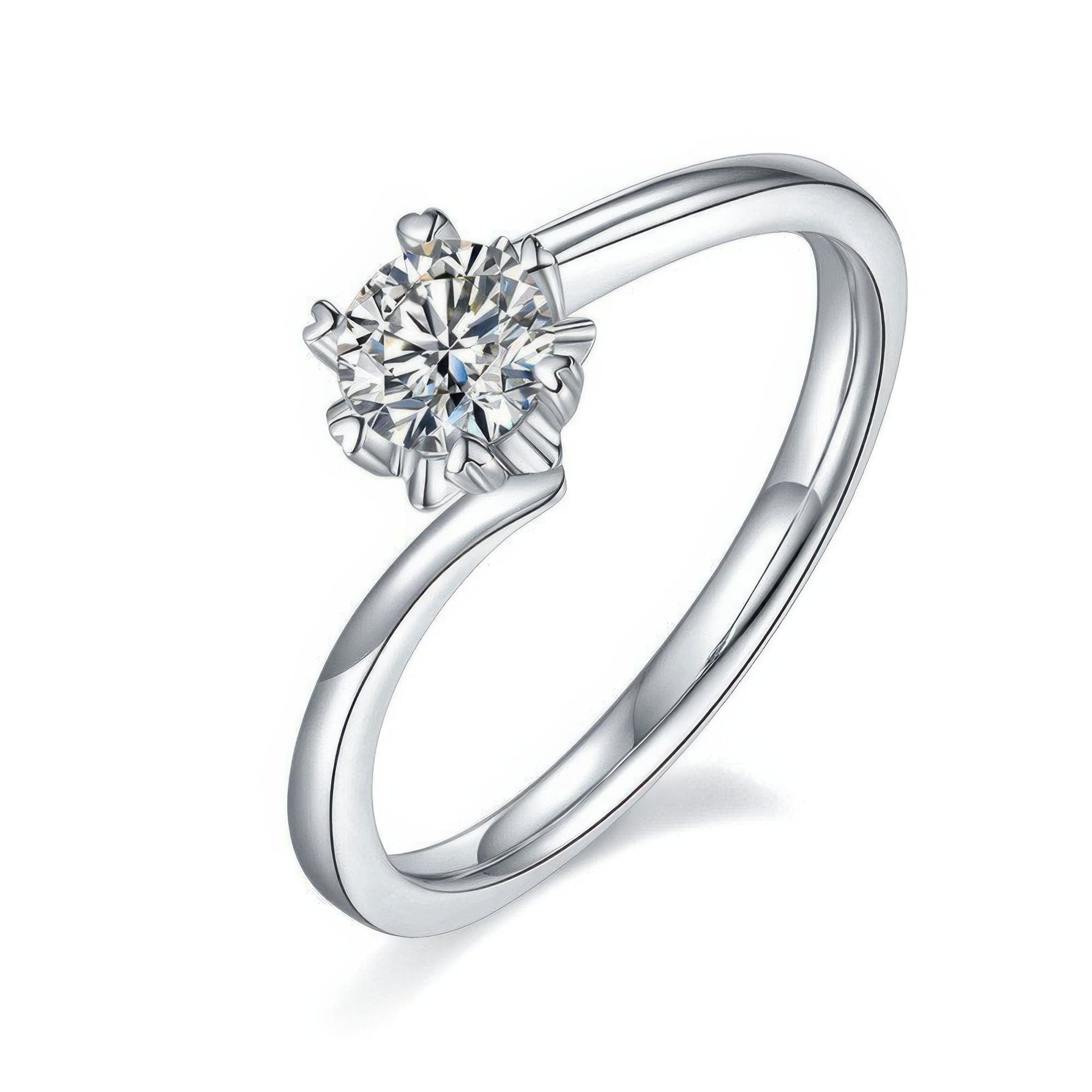 Round Moissanite Solitaire Ring | Heart-Prong Snowflake Head | Twisted Band Sterling Silver