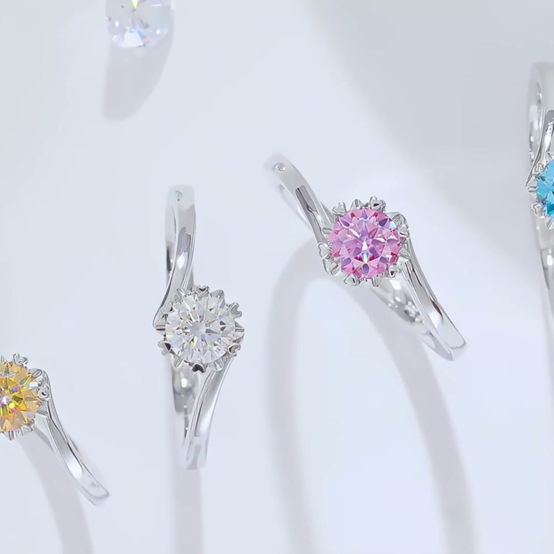 Round Moissanite Solitaire Ring | Heart-Prong Snowflake Head | Twisted Band Sterling Silver product video thumbnail