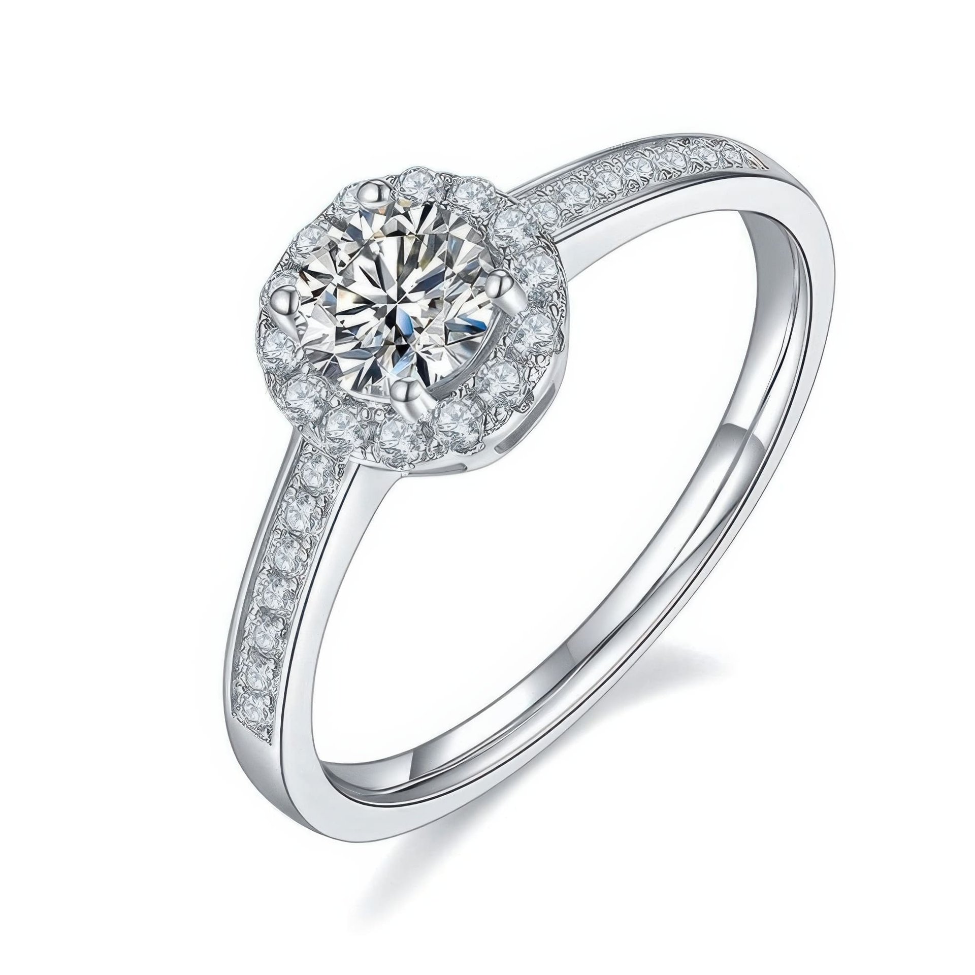 Round Cut Moissanite Halo Ring | 0.5ct DEW 5mm Pavé Band 925 Sterling Silver