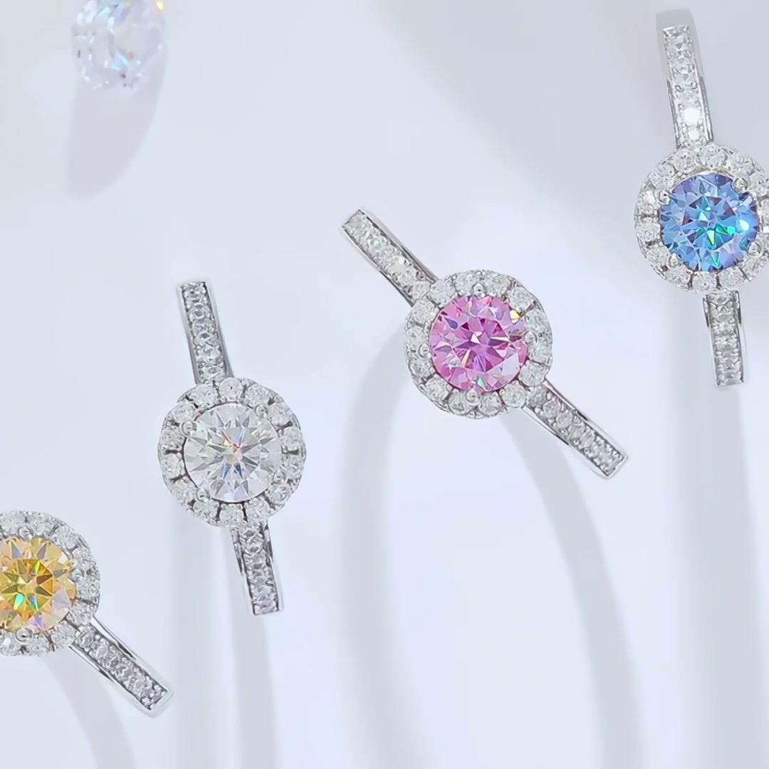 Round Cut Moissanite Halo Ring | 0.5ct DEW 5mm Pavé Band 925 Sterling Silver product video thumbnail