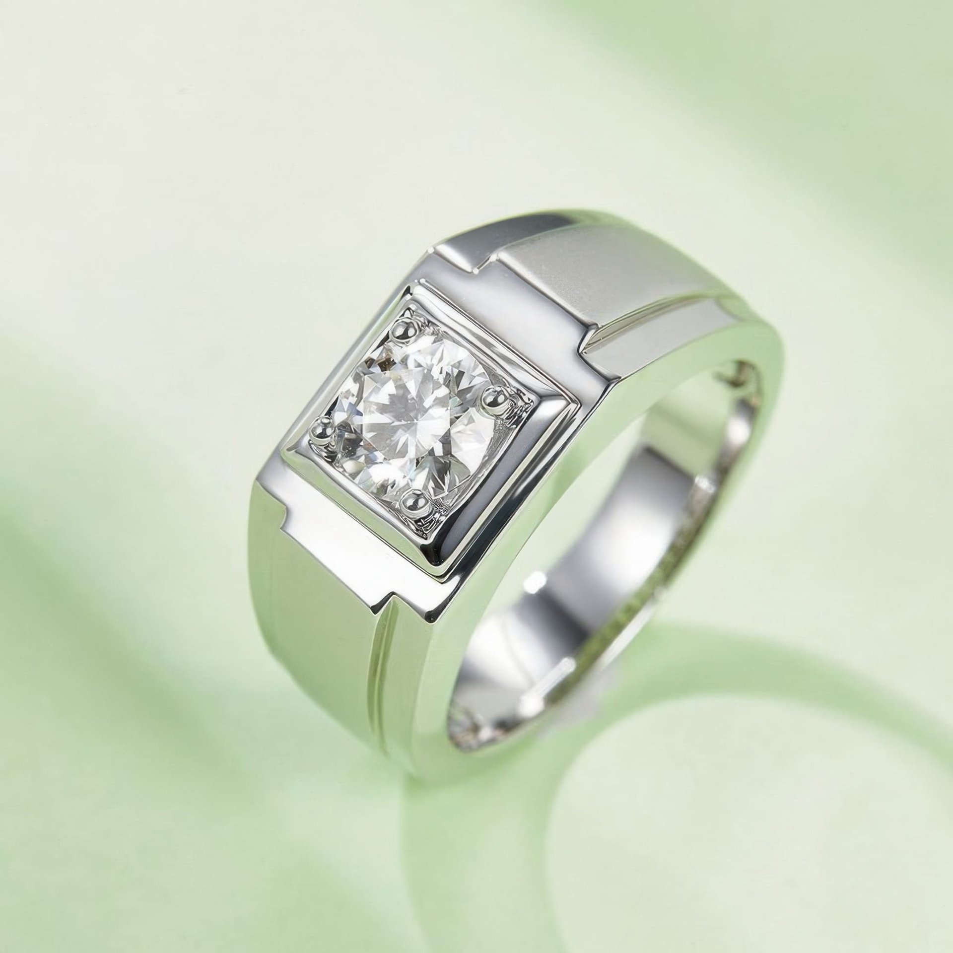 Men's Round Moissanite Ring | 1ct DEW Four-Prong Solitaire 925 Sterling Silver Band - Image 2