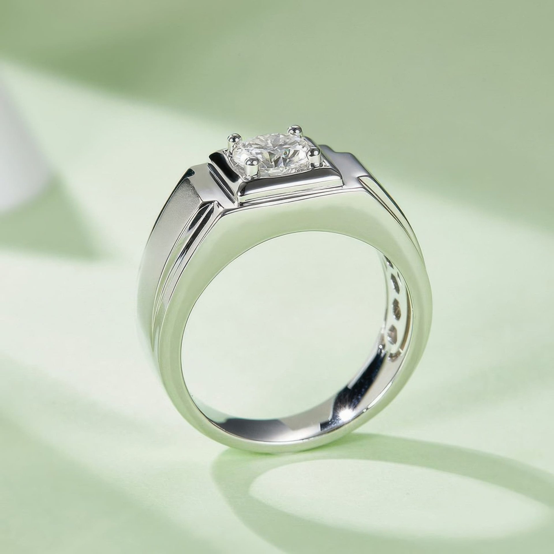 Men's Round Moissanite Ring | 1ct DEW Four-Prong Solitaire 925 Sterling Silver Band - Image 4