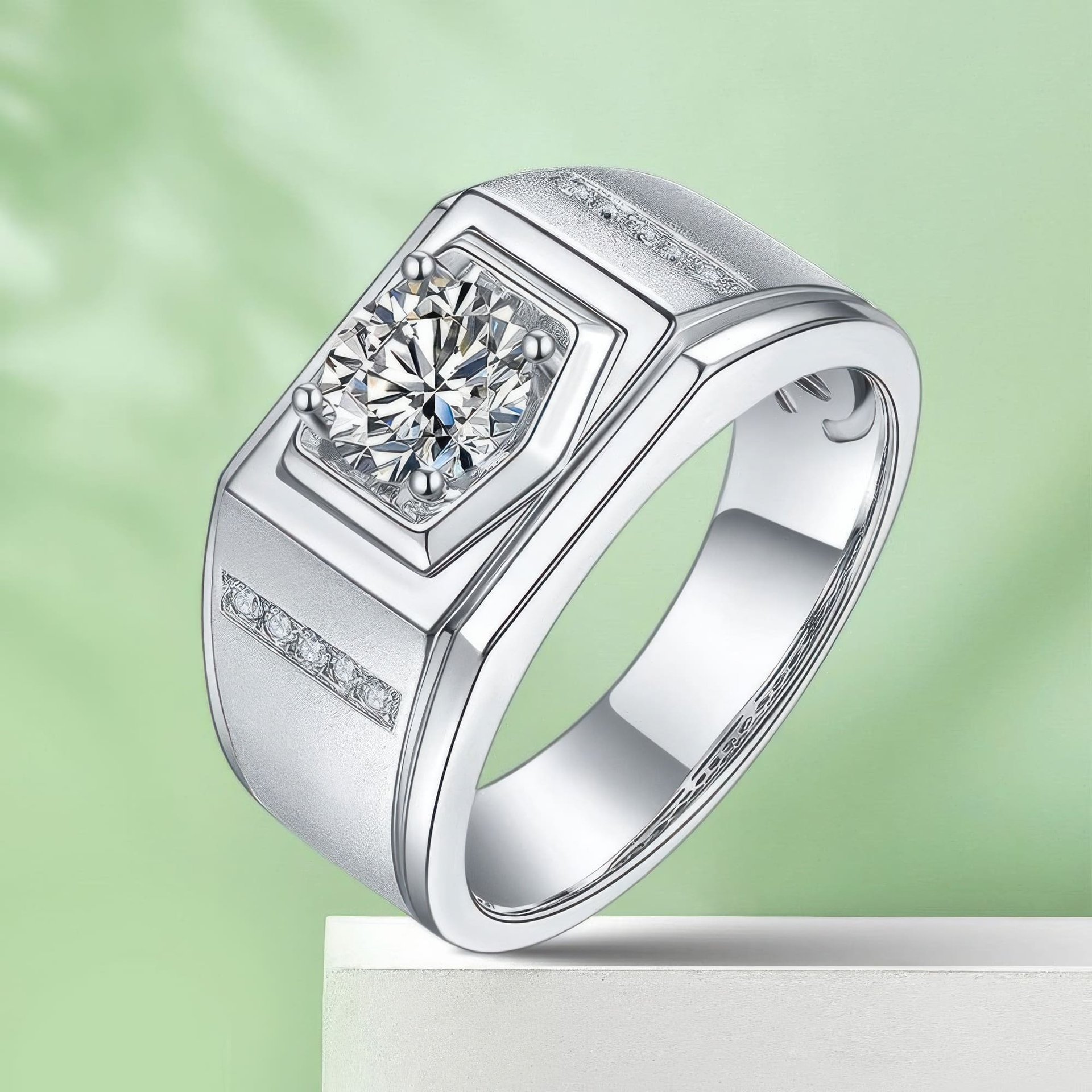 Men's Round Cut Moissanite Ring | 1ct DEW 6.5mm Geometric 925 Silver Band - Image 5