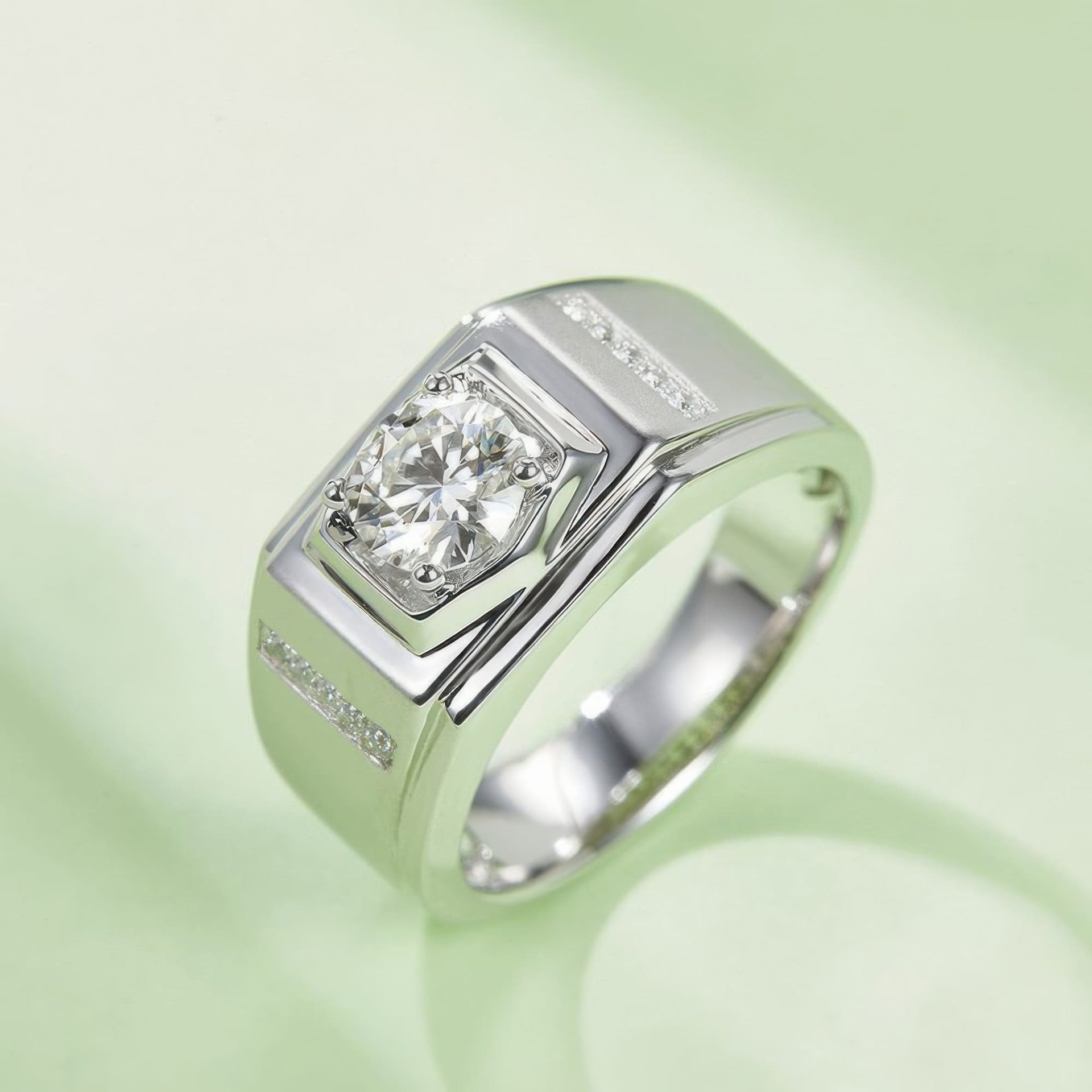 Men's Round Cut Moissanite Ring | 1ct DEW 6.5mm Geometric 925 Silver Band - Image 2