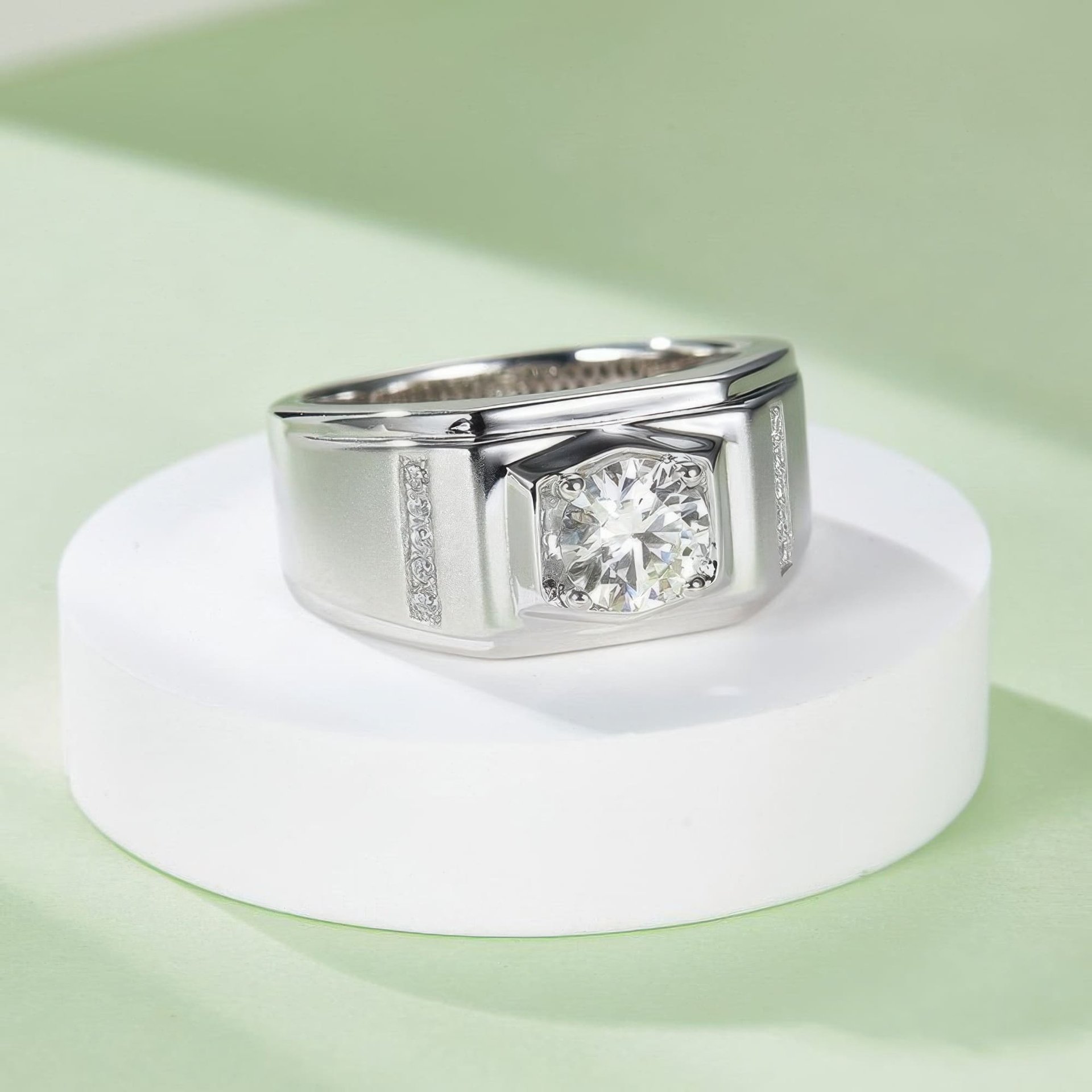 Men's Round Cut Moissanite Ring | 1ct DEW 6.5mm Geometric 925 Silver Band - Image 3