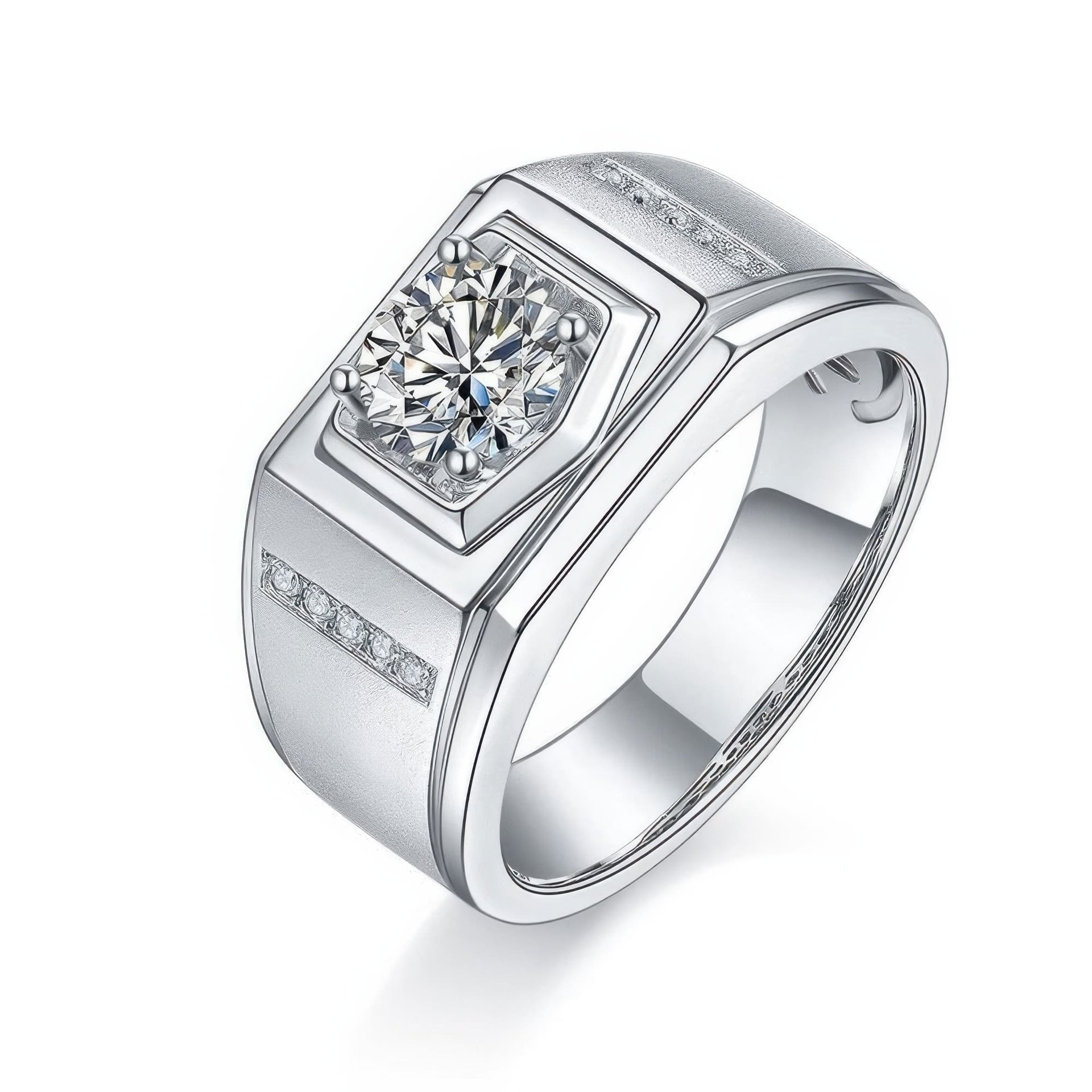 Men's Round Cut Moissanite Ring | 1ct DEW 6.5mm Geometric 925 Silver Band