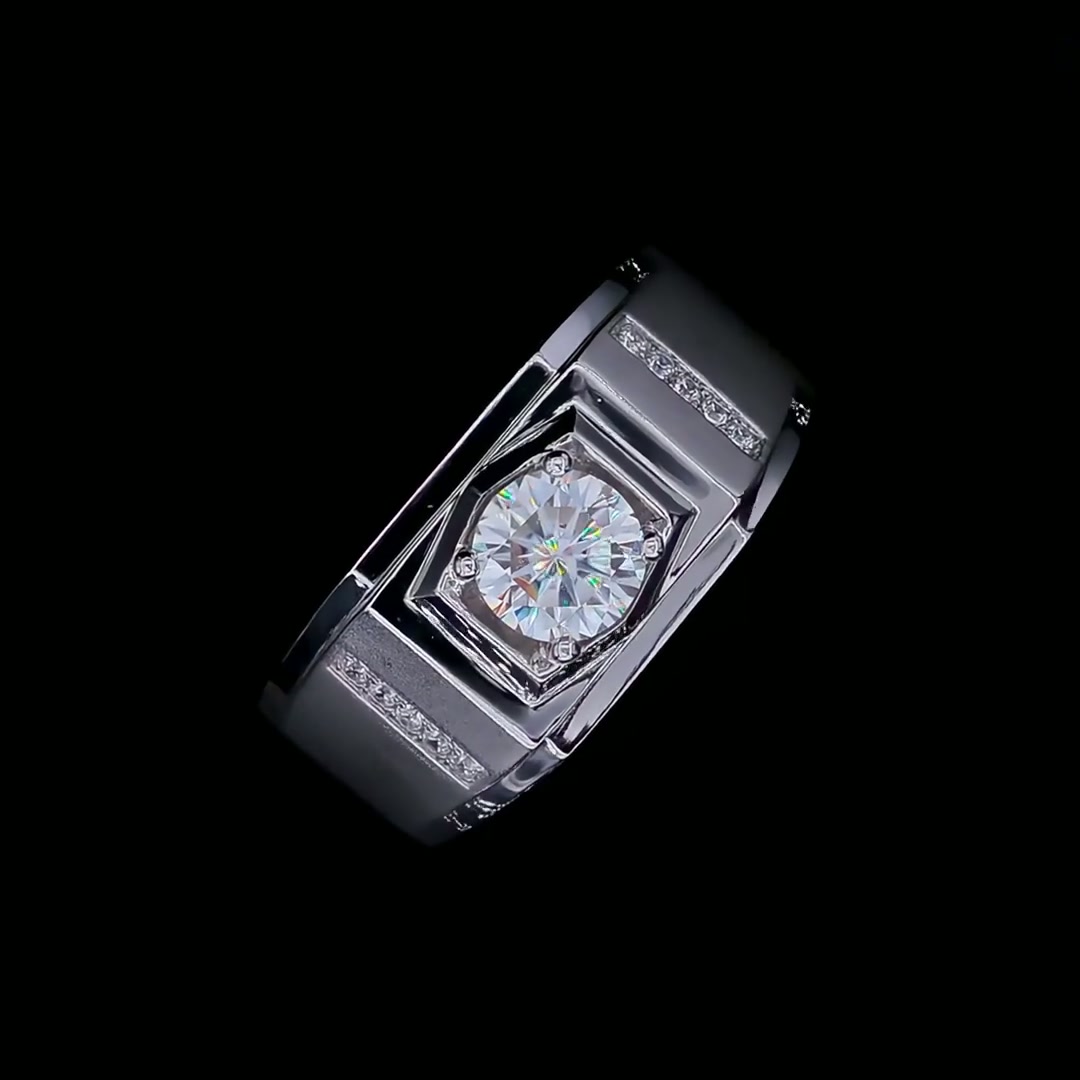 Men's Round Cut Moissanite Ring | 1ct DEW 6.5mm Geometric 925 Silver Band product video thumbnail