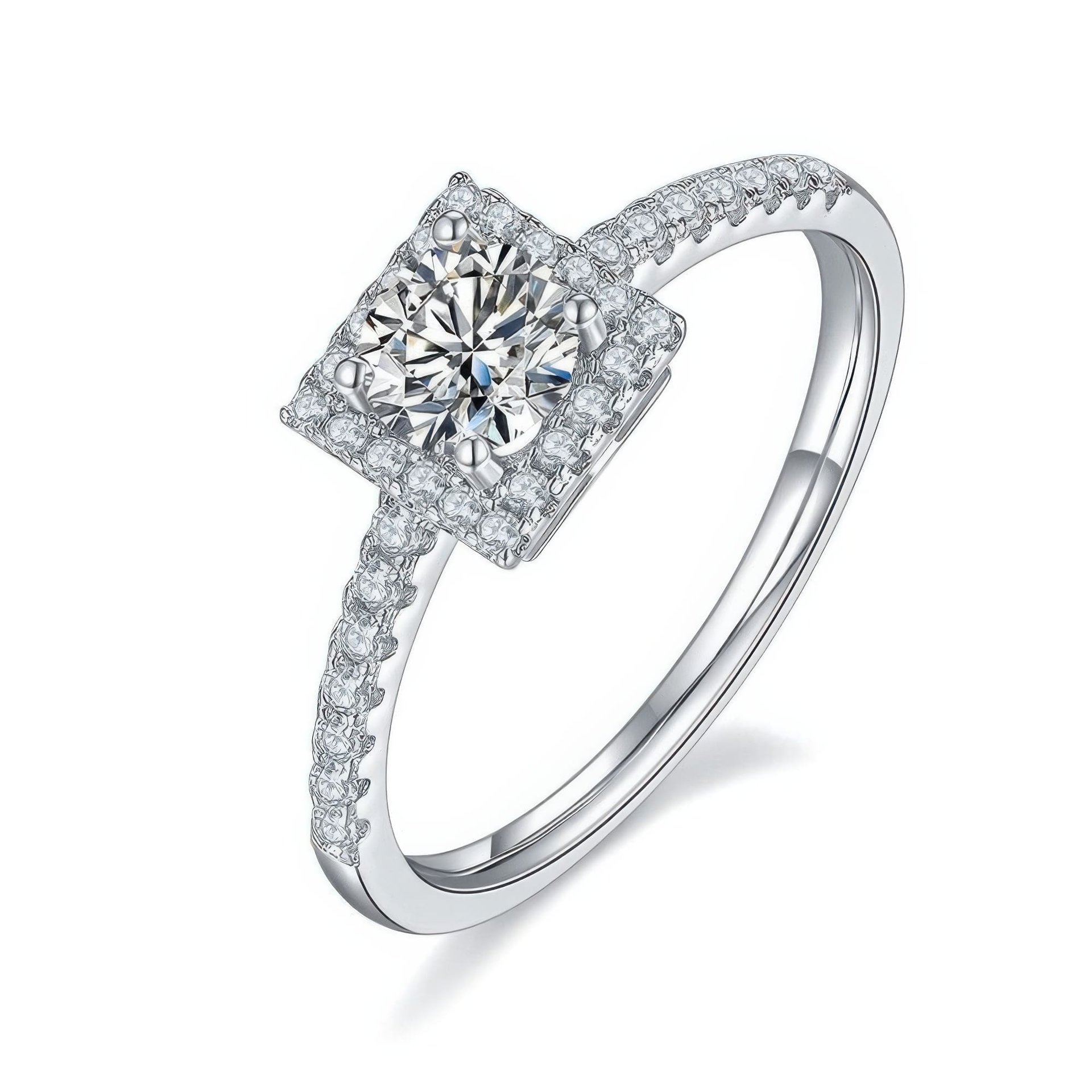Round Moissanite Square Halo Ring | 925 Sterling Silver | 0.5ct DEW 5mm