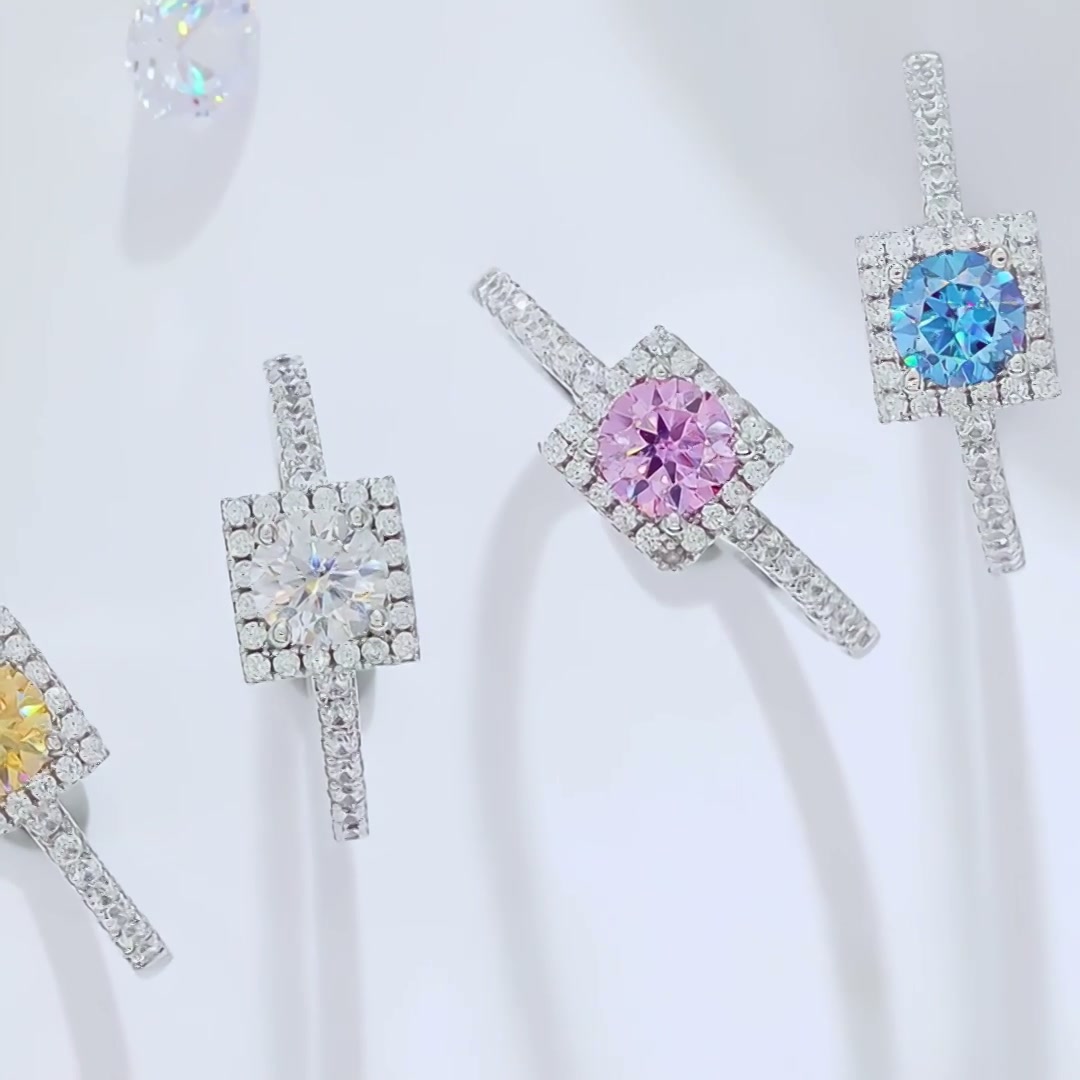 Round Moissanite Square Halo Ring | 925 Sterling Silver | 0.5ct DEW 5mm product video thumbnail
