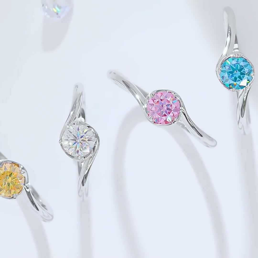 Moissanite Bypass Solitaire Ring | Round Brilliant Swirl Setting | 925 Sterling Silver product video thumbnail