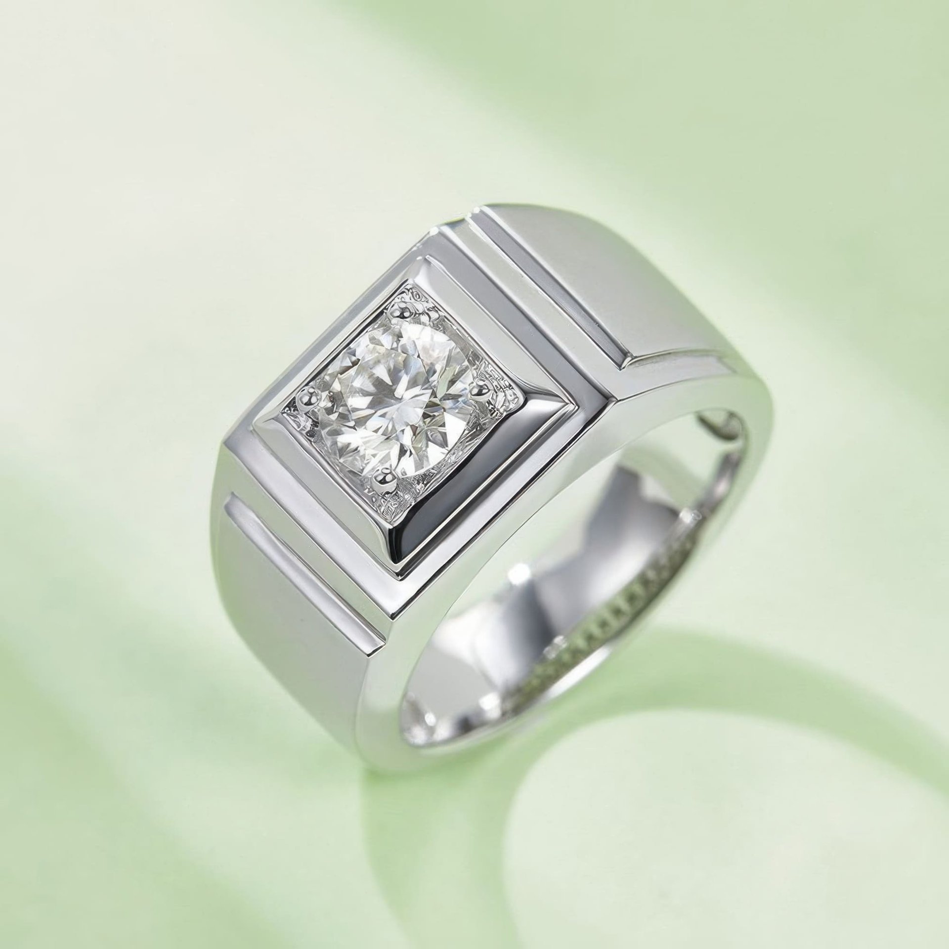 1ct Men's Geometric Moissanite Ring | Round-Cut Square-Face Solitaire | 925 Sterling Silver - Image 2