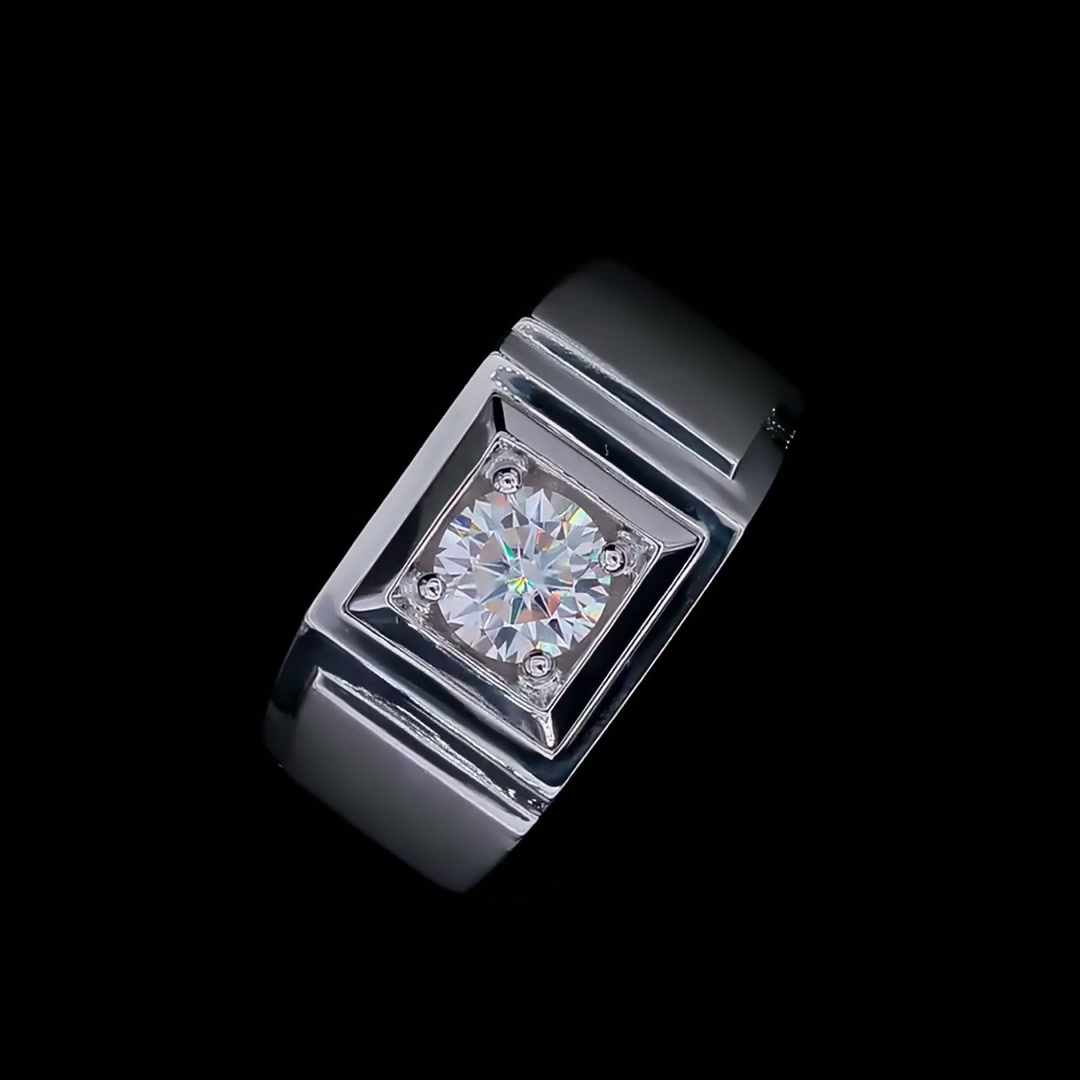 1ct Men's Geometric Moissanite Ring | Round-Cut Square-Face Solitaire | 925 Sterling Silver product video thumbnail