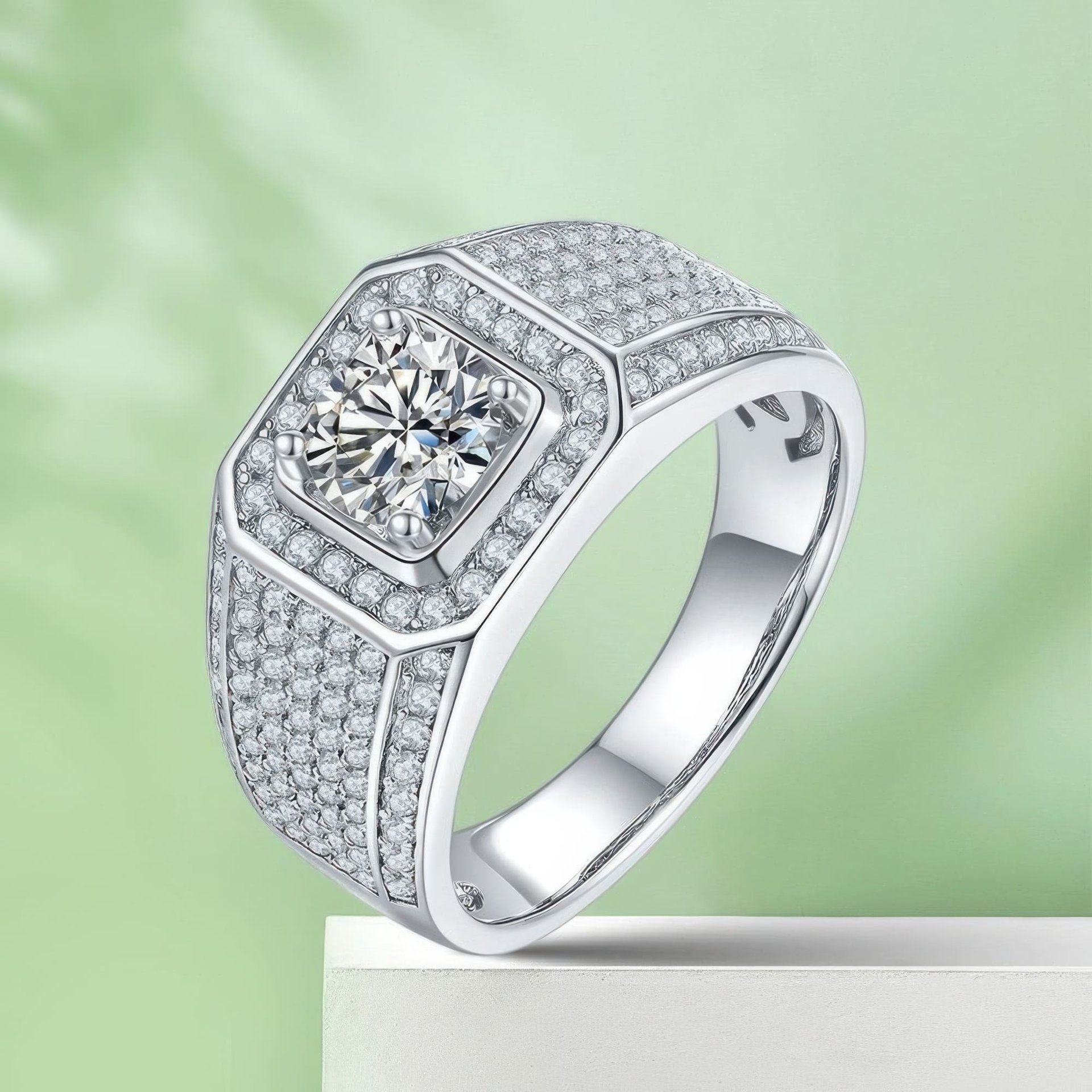 Men's Geometric Pavé Moissanite Ring | 1ct DEW Round Cut, Squared Halo & Iced Shoulders - Image 5