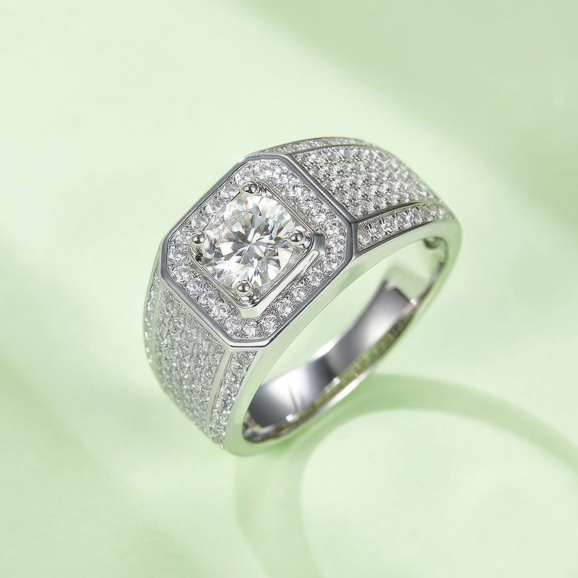 Men's Geometric Pavé Moissanite Ring | 1ct DEW Round Cut, Squared Halo & Iced Shoulders - Image 2