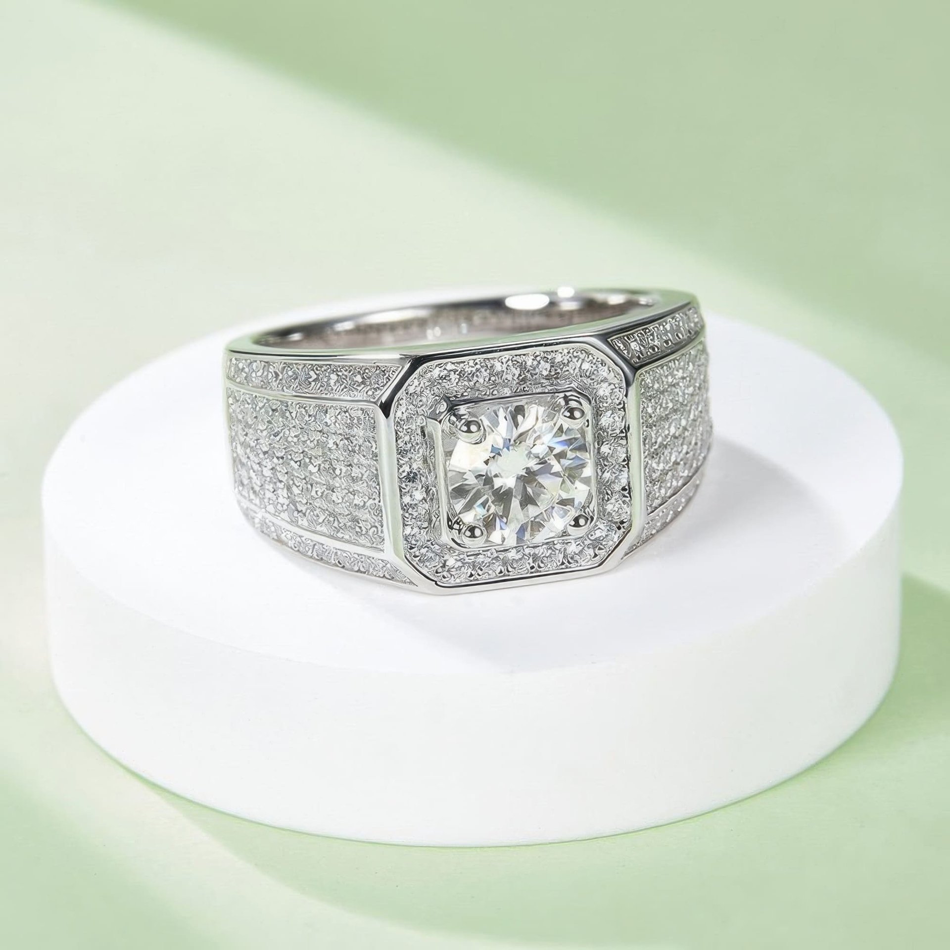 Men's Geometric Pavé Moissanite Ring | 1ct DEW Round Cut, Squared Halo & Iced Shoulders - Image 3