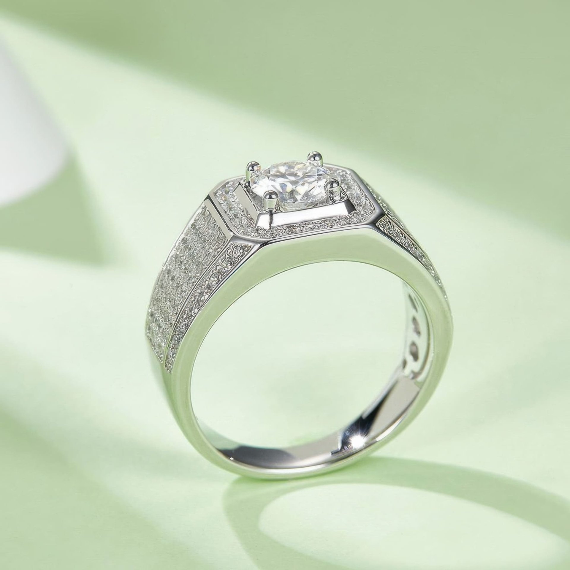 Men's Geometric Pavé Moissanite Ring | 1ct DEW Round Cut, Squared Halo & Iced Shoulders - Image 4