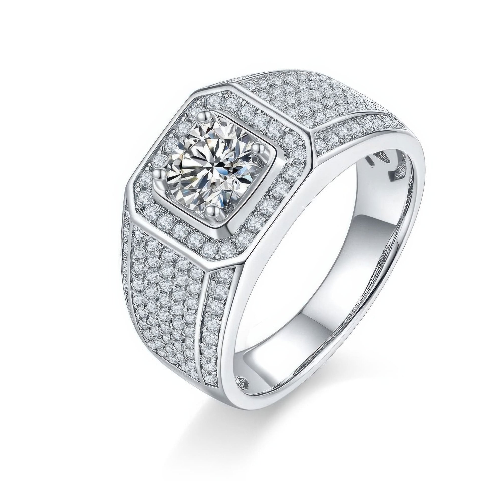 Men's Geometric Pavé Moissanite Ring | 1ct DEW Round Cut, Squared Halo & Iced Shoulders