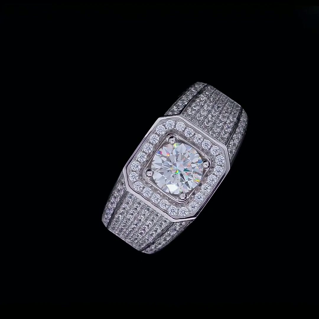 Men's Geometric Pavé Moissanite Ring | 1ct DEW Round Cut, Squared Halo & Iced Shoulders product video thumbnail