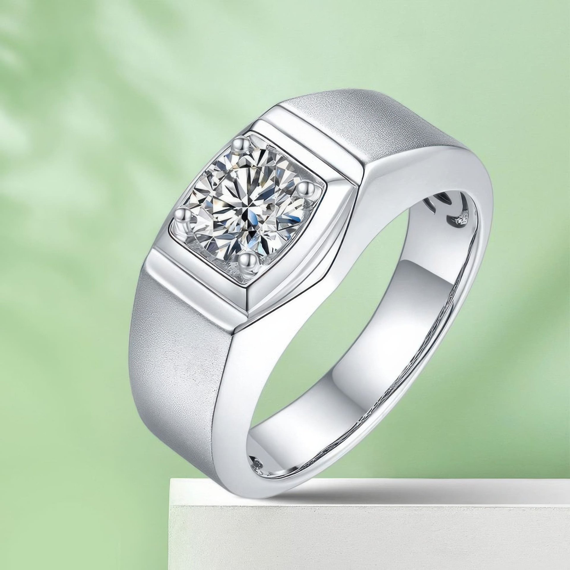 Men's Round Moissanite Ring | 1ct DEW Squared-Head Solitaire Band in 925 Silver - Image 5