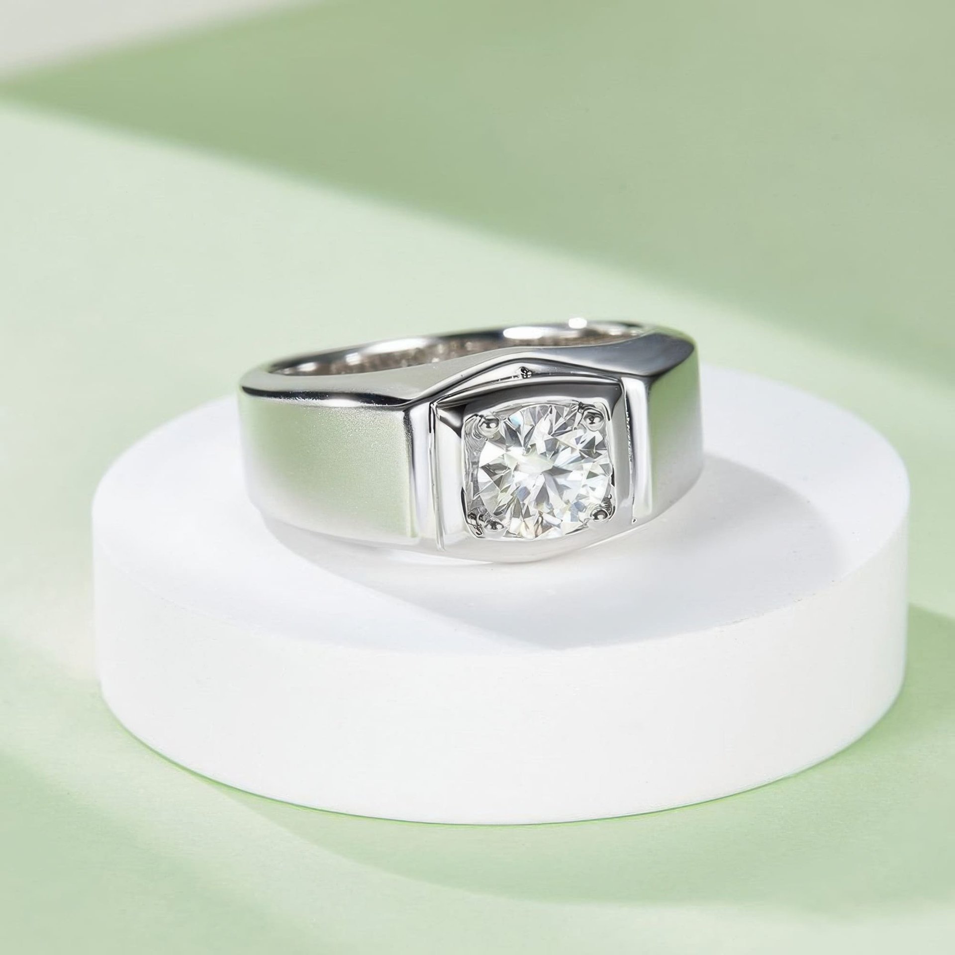 Men's Round Moissanite Ring | 1ct DEW Squared-Head Solitaire Band in 925 Silver - alternate view