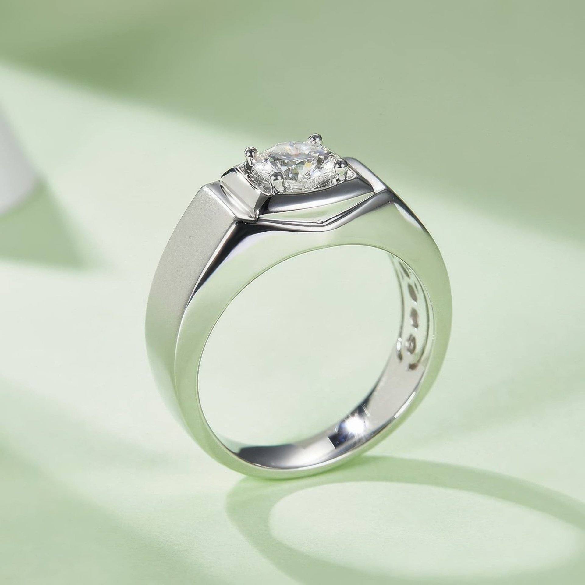 Men's Round Moissanite Ring | 1ct DEW Squared-Head Solitaire Band in 925 Silver - Image 4