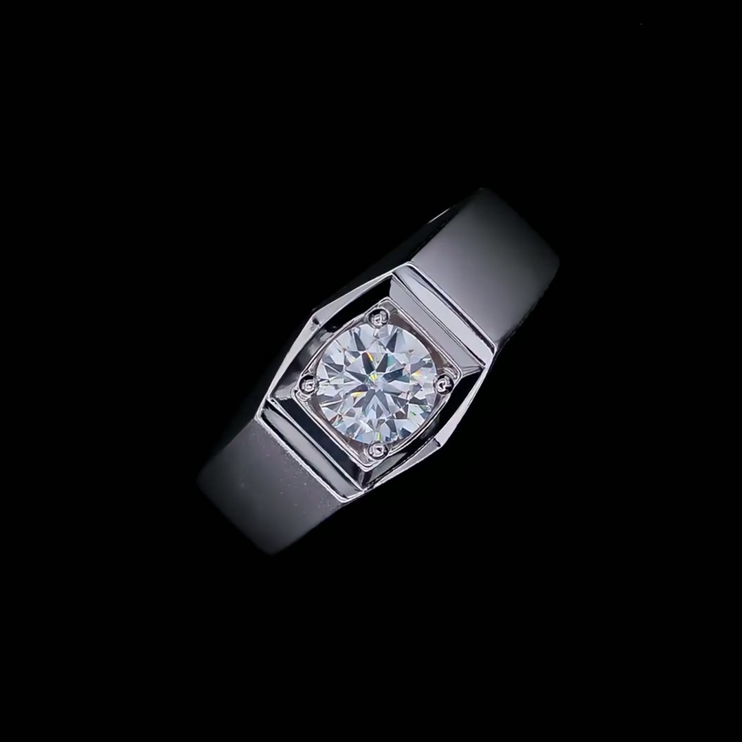 Men's Round Moissanite Ring | 1ct DEW Squared-Head Solitaire Band in 925 Silver product video thumbnail