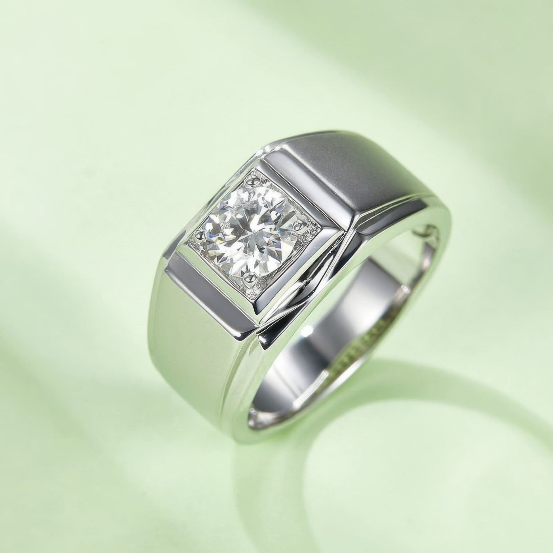 Men's 1 Carat Moissanite Ring | Round-Cut Square-Top Signet | 925 Sterling Silver - alternate view