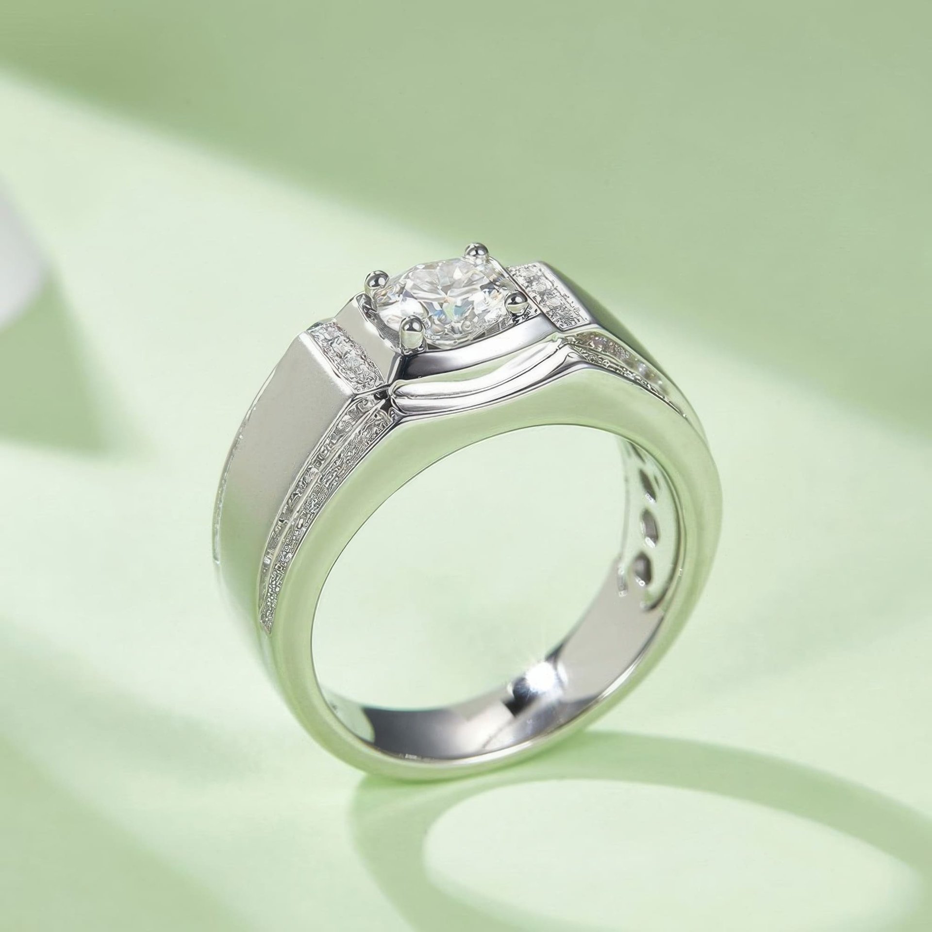 Men's Geometric Moissanite Ring | Brushed-Finish 1ct Round Cut 925 Sterling Silver Band - alternate view