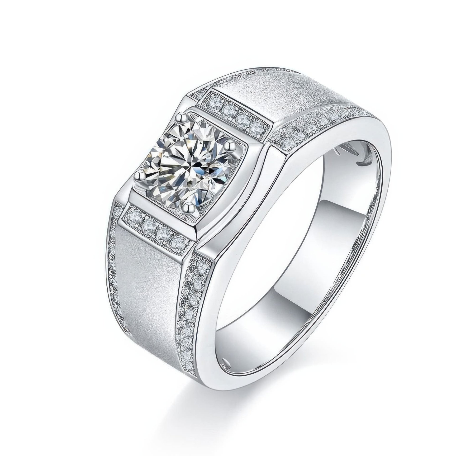Men's Geometric Moissanite Ring | Brushed-Finish 1ct Round Cut 925 Sterling Silver Band