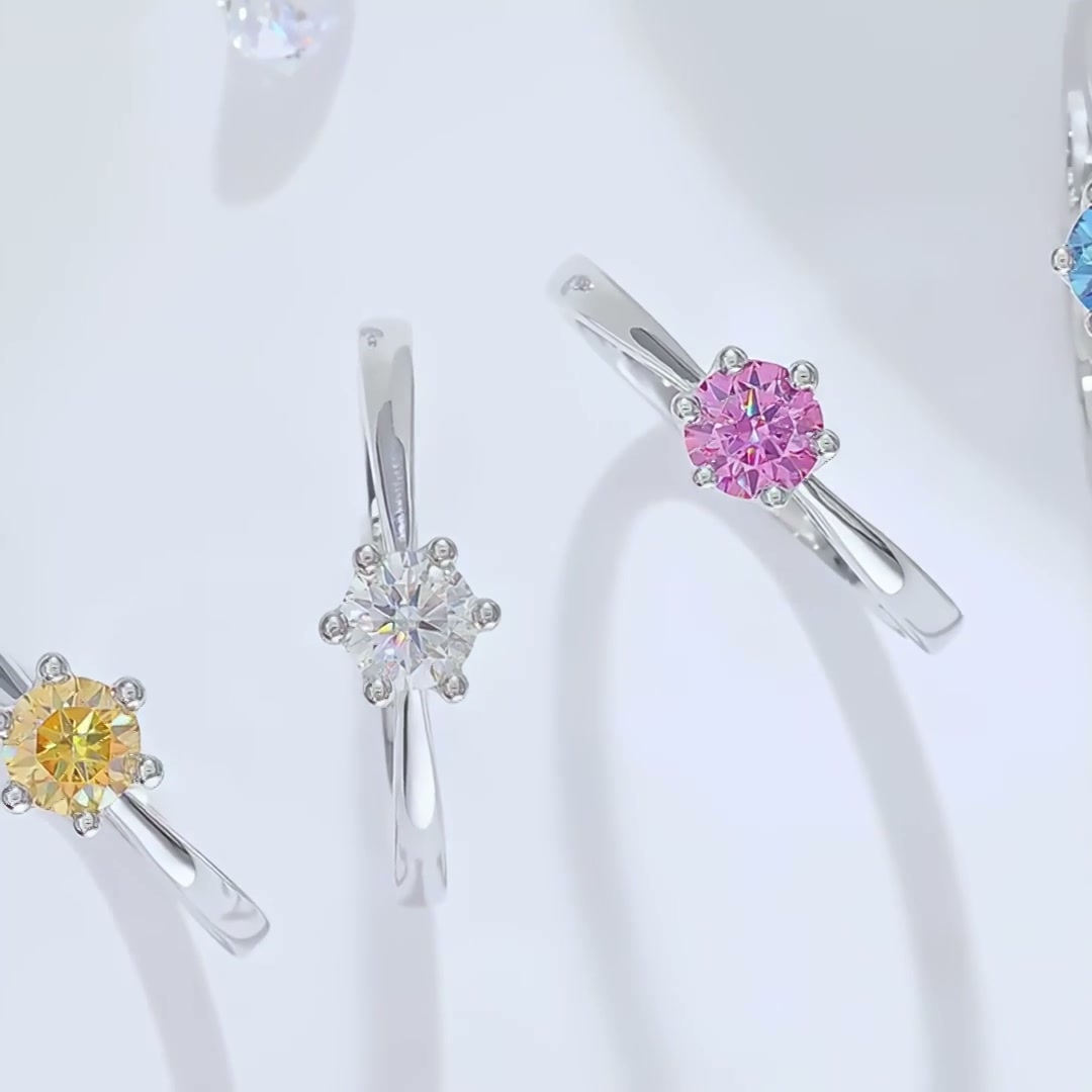 Classic Moissanite Solitaire Ring 925 Silver | 0.5ct DEW Round, Six Heart-Prong Pave | 4 Colors product video thumbnail