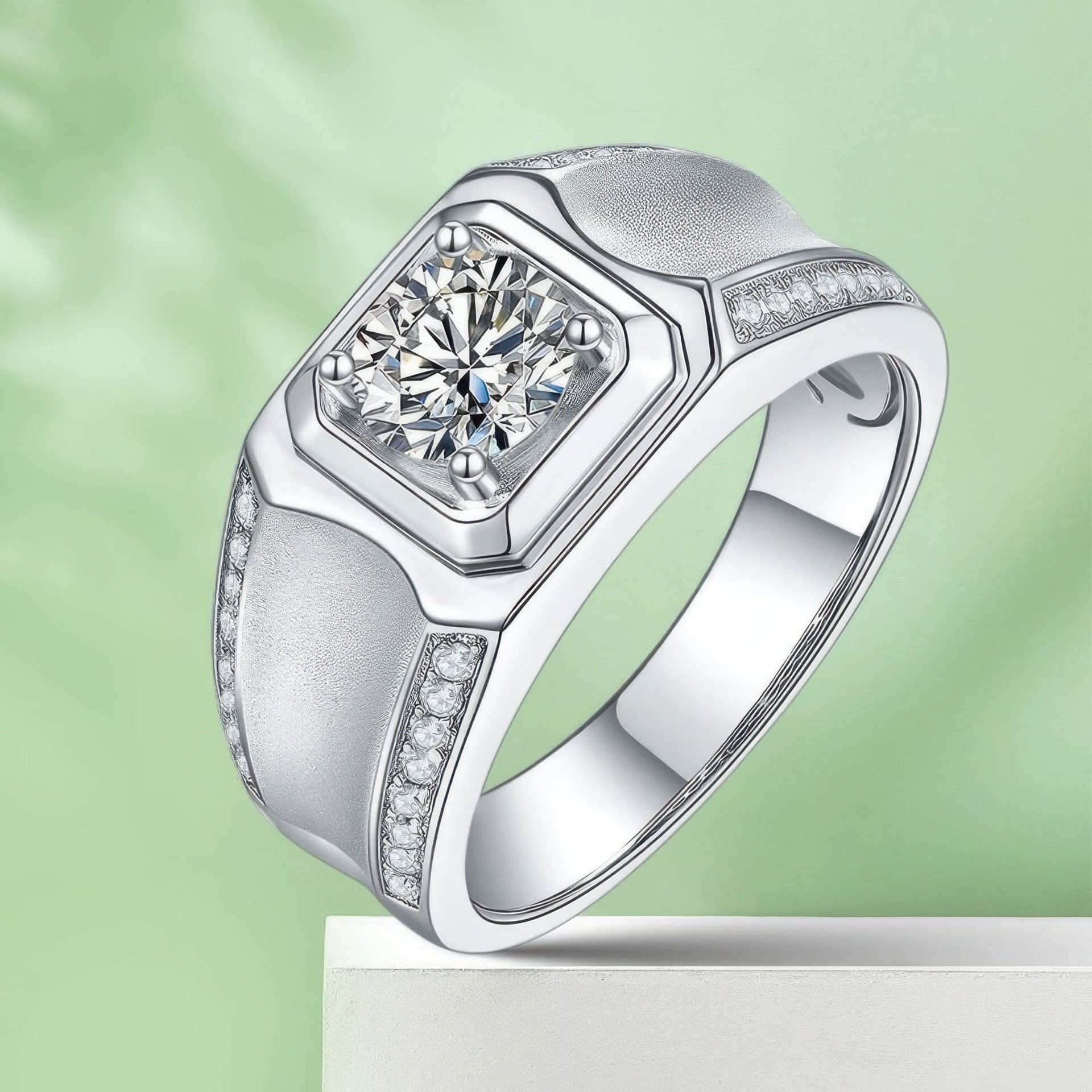 Men's Moissanite Signet Ring | 1ct DEW 6.5mm Round Brilliant Solitaire 925 Sterling Silver Band - Image 5